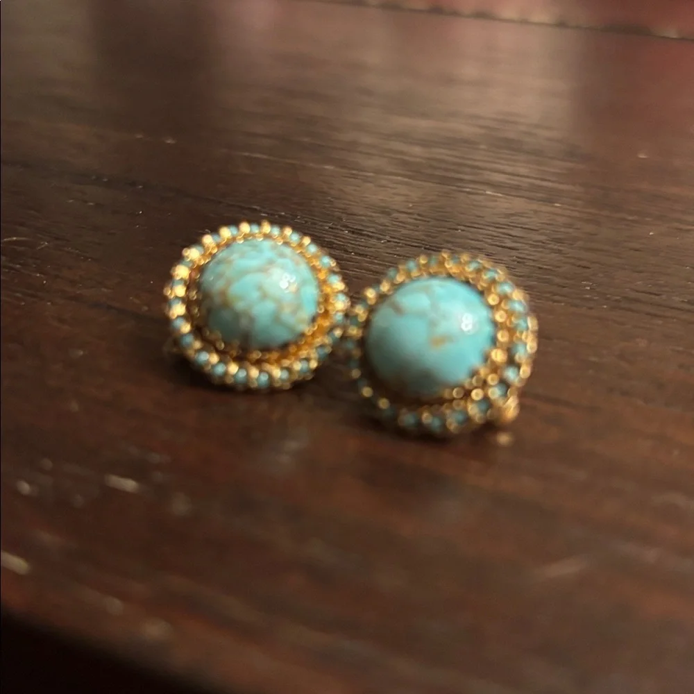Turquoise and Gold Stud Earrings - Picture 4 of 4